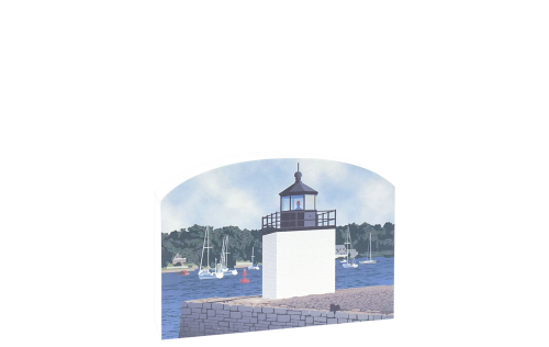 Replica of the Derby Wharf Light part of the Salem Maritime National Historic Site. Handcrafted of 3/4" thick wood with colorful details on the front and history on the back. Made by Cat's Meow Village in Wooster, Ohio.