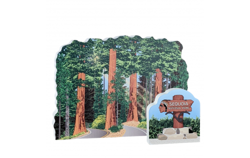 Sequoia National Park sign with The Four Guardsmen handcrafted in wood by The Cat's Meow Village in the USA.