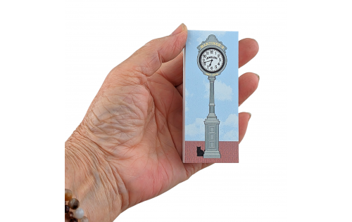 Wooden souvenir of Martinek's Clock in Traverse City, MI. Handcrafted by The Cat's Meow Village in Ohio.