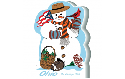 Ohio State Snowman handcrafted and made in the USA by The Cat's Meow Village from 3/4" thick wood.
