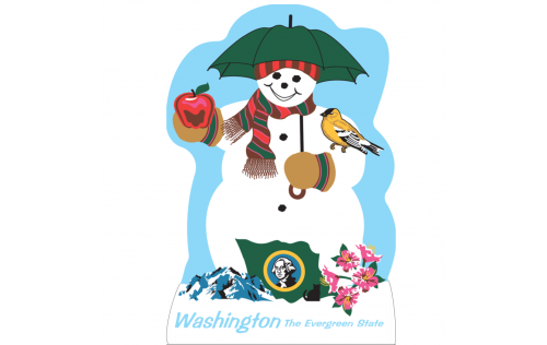 Cute snowman represents the state of Washington with his apple, state flag, goldfinch and more.