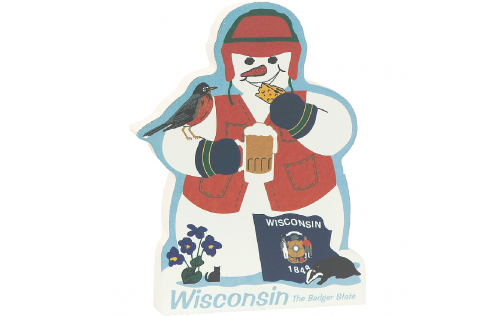 This cute snowman includes all the famous icons of Wisconsin. Sit him on your bookshelf, wainscoting, window ledge or the trim above your door or window. Handcrafted in the USA