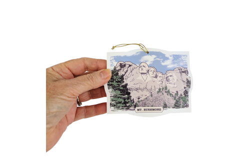 Wooden ornament of Mount Rushmore handcrafted by The Cat's Meow Village in the USA
