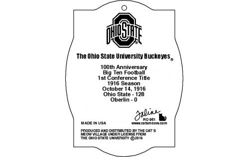 Back of handcrafted wooden ornament of OSU football 1916 Season Oberlin Program cover