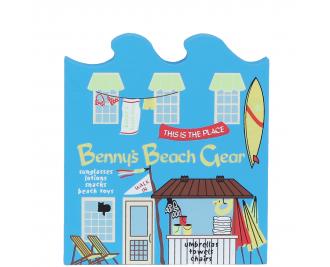 Wooden handcrafted keepsake of Benny's Beach Gear created by The Cat’s Meow Village