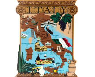 Shelf sitter of the Map of Italy handcrafted in 3/4" thick wood by The Cat's Meow Village. Made In The USA.