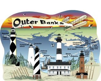Cat's Meow map of the Outer Banks including lighthouses and Wright Brothers memorial.