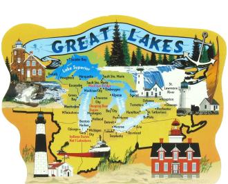 Great Lakes Map including Great Lakes Lighthouses and prominent locations in New York, Ohio, Indiana, Illinois, Wisconsin, Michigan
