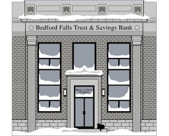 Bedford Falls Trust & Savings Bank handcrafted in wood by The Cat's Meow Village is themed after the movie It's A Wonderful Life