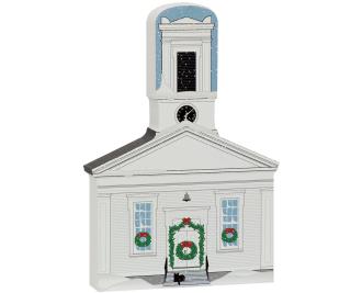 handcrafted wooden keepsake of Mystic Seaport Greenmanville Church, by The Cat's Meow Village.