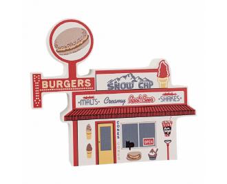 Seligman, Arizona's famous Snow Cap Drive-in replicated in 3/4" thick wood to add to your home decor. Handcrafted in the USA by The Cat's Meow Village.