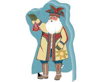 Add this Nordic Santa to your holiday decor this year. He tucks nicely into a candle arrangement or perch him on a shelf in your bookcase. Handcrafted in the USA by The Cat's Meow Village.