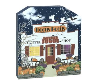 Show off your Halloween spirit with this wooden Hocus Pocus Coffee Shop shelf sitter. We handcraft it in Wooster, Ohio. It includes glow-in-the-dark surprises!