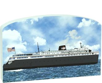 SS Badger Steamship from Ludington, Michigan handcrafted of 3/4" thick wood that you can tuck into a bookshelf or perch it on your desk. Made in the USA by The Cat's Meow Village.