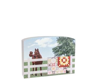Quilt fence with horse, showing off Dashing and Barn Star quilts. Handcrafted of 3/4" thick wood by The Cat's Meow Village in Wooster, Ohio.