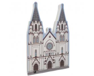 Detailed front of the Cathedral of St. John Catholic Church, Savannah, Georgia.  Handcrafted in 3/4" thick wood by The Cat's Meow Village in the USA.