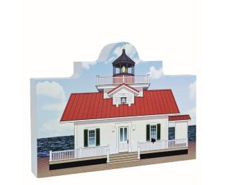 Remember your trip to the Outer Banks with your very own replica of this Roanoke Marshes Lighthouse. We handcraft in all its colorful details in Wooster, Ohio. By The Cat's Meow Village.