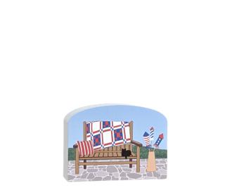 Patriotic Quilt Bench inviting you to sit and relax for awhile. Handcrafted in the USA by The Cat's Meow Village.