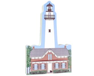 Colorfully detailed front of St. SImons Lighthouse, Georgia. Handcrafted in the USA 3/4" thick wood by Cat’s Meow Village