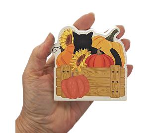 Wouldn't this cute fall cat and pumpkins look cute on your workdesk or bookshelf? We handcraft it in 3/4" thick wood in Wooster, Ohio.
