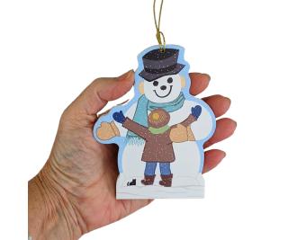 Snowman Ornament, Hugs For You handcrafted of 1/4" thick wood by The Cat's Meow Village in the USA