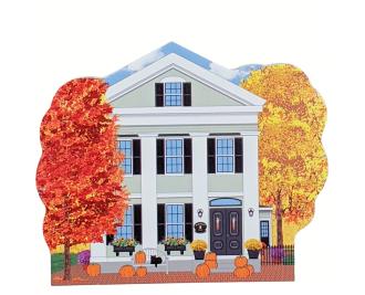Wooden replica of Amanda Payson house in Salem, Mass, all decorated in autumn and fall colors. Handcrafted by The Cat's Meow Village in the USA.