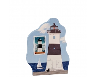 Erie Harbor Pierhead Lighthouse with a Mid-Atlantic Lighthouse postal stamp handcrafted in 3/4" thick wood by The Cat's Meow Village in the USA.