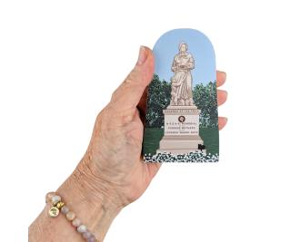 Wooden souvenir of Madonna of the Trail statue handcrafted by The Cat's Meow Village in the USA.
