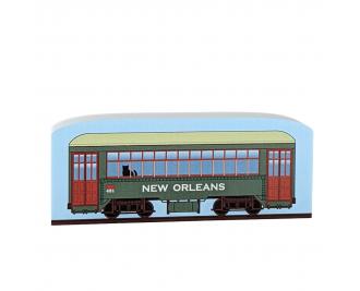 New Orleans street car in green. Handcrafted of 3/4" wood by The Cat's Meow Village in the USA.