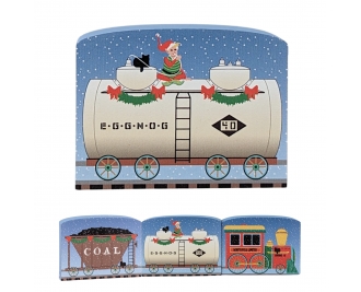 North Pole Limited - Eggnog Tanker shown with other North Pole Limited train cars..  Handcrafted in 3/4" wood by the Cats Meow Village in Wooster, Ohio. 