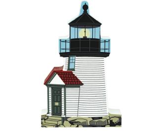 Wooden shelf sitter décor of the Brant Point Lighthouse handcrafted in the U.S. by The Cat’s Meow Village.