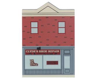 Vintage Clyde's Shoe Repair from Elm Street Series handcrafted from 3/4" thick wood by The Cat's Meow Village in the USA