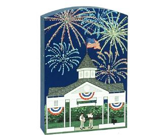 Glittery fireworks fill the night sky as a fife and drum play under this gazebo. Handcrafted in the USA by The Cat's Meow Village