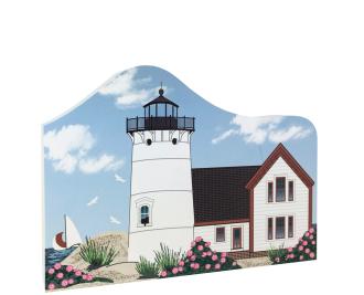 Replica of  Stage Harbor Lighthouse in Chatham, Massachusetts. Handcrafted of 3/4" thick wood by The Cat's Meow Village in the USA.