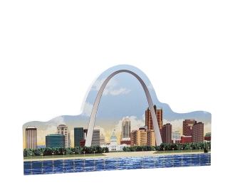 Wooden replica of the Gateway Arch City View, St. Louis, MO. Handcrafted by The Cat's Meow Village in Wooster, OHio.