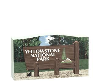 Wooden replica of the Yellowstone National Park sign in Idaho, Montana and Wyoming. Handcrafted in the USA by The Cat's Meow Village.