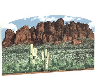 Superstition Mountains scene handcrafted in 3/4" thick wood for your home decor, handcrafted by The Cat's Meow Village in the USA.