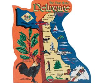 Show your state pride with a state map of Delaware handcrafted in wood by The Cat's Meow Village