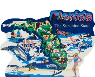 Show your state pride with a state map of Florida handcrafted in wood by The Cat's Meow Village