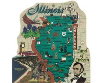 Show your state pride with a state map of Illinois handcrafted in wood by The Cat's Meow Village