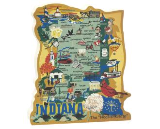 Show your state pride with a state map of Indiana handcrafted in wood by The Cat's Meow Village