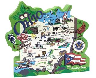 Cat's Meow handcrafted wooden map of the state of Ohio featuring the Ohio flag, cardinal, buckeye tree and other significant Ohio icons.