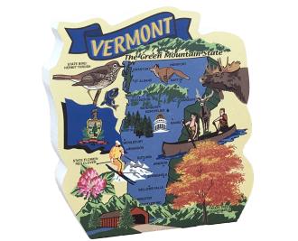 Display your state pride with a state map of Vermont handcrafted in wood by The Cat's Meow Village