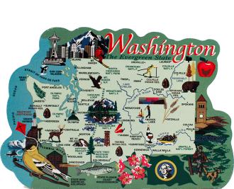 Handcrafted wooden map of Washington State with significant points of interest created by The Cat's Meow Village