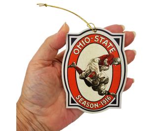 Handcrafted wooden ornament of OSU football 1916 Season Oberlin Program cover