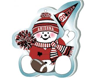 Cheer on your Arizona team with this adorable snowman ornament waving his Go Team pennant, handcrafted in 1/4" thick wood by The Cat's Meow Village. Made in the USA!