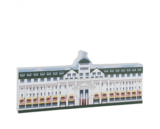 Wooden souvenir of the Grand Hotel on Mackinac Island, Michigan. Handcrafted by The Cat's Meow Village in Ohio.