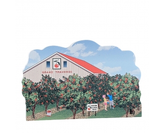 Wooden souvenir of a U-Pick Cherry farm in Traverse City, MI. Handcrafted by The Cat's Meow Village in Ohio.