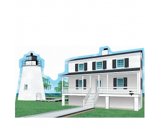 Wooden replica of Piney Point Lighthouse, Piney Point, MD handcrafted in the USA by The Cat's Meow Village.