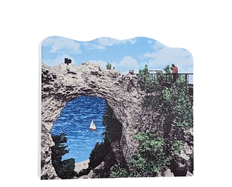 Wooden souvenir of Arch Rock on Mackinac Island, Michigan. Handcrafted in 3/4" thick wood by the Cat's Meow Village in Ohio.